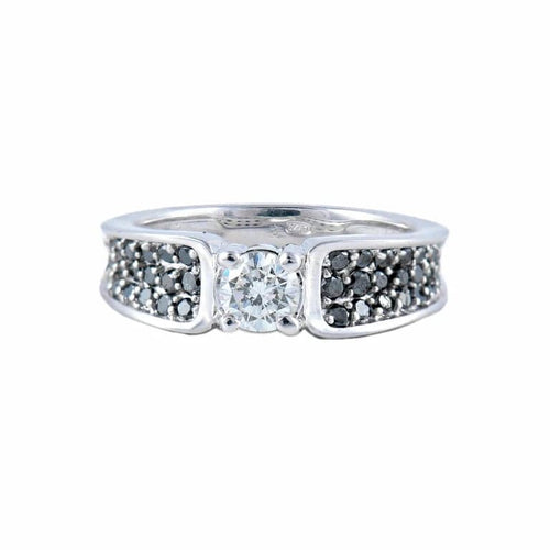 Bague 53 Bague solitaire en or blanc 18k avec diamants blancs et noirs 58 Facettes