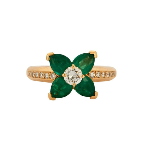 Bague 54 Bague fleur en or jaune 750 avec émeraudes et diamants 58 Facettes