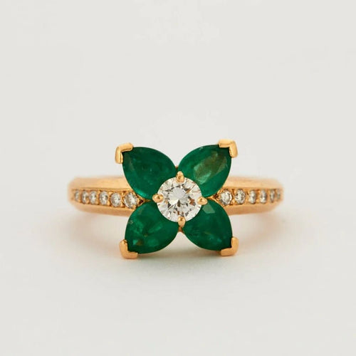 Bague 54 Bague fleur en or jaune 750 avec émeraudes et diamants 58 Facettes
