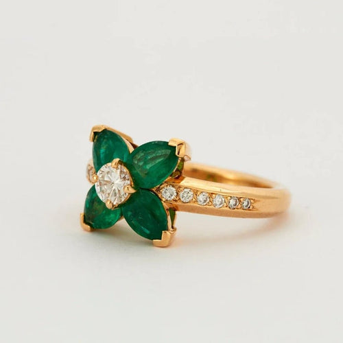 Bague 54 Bague fleur en or jaune 750 avec émeraudes et diamants 58 Facettes