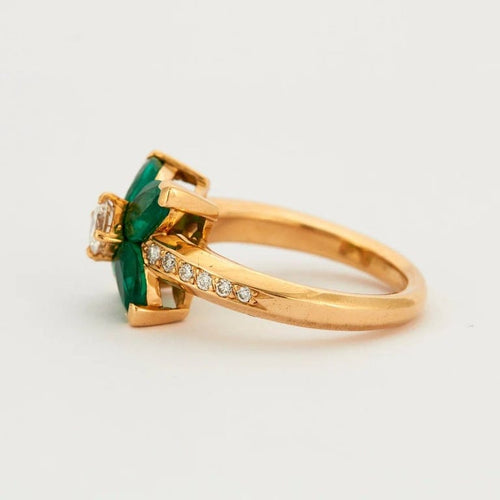 Bague 54 Bague fleur en or jaune 750 avec émeraudes et diamants 58 Facettes