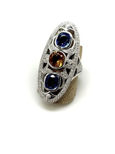 Bague 56 Bague marquise de créateur en or blanc 18k, saphirs, citrine et diamants 58 Facettes M8759