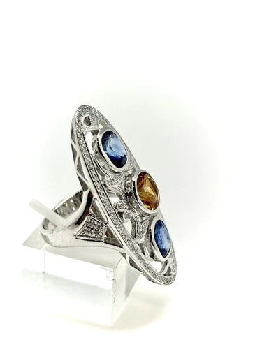 Bague 56 Bague marquise de créateur en or blanc 18k, saphirs, citrine et diamants 58 Facettes M8759