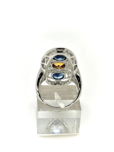Bague 56 Bague marquise de créateur en or blanc 18k, saphirs, citrine et diamants 58 Facettes M8759
