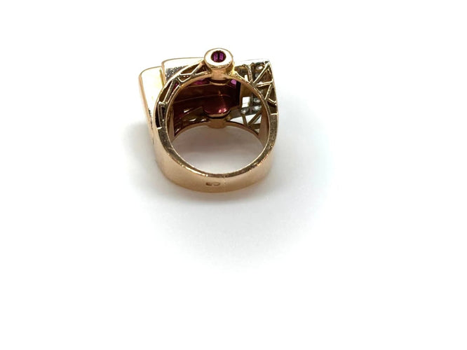 Bague 53 Bague Art déco tank asymétrique en or jaune 18k, rubis et diamants 58 Facettes M9044