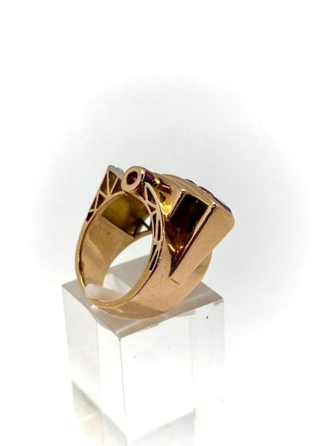 Bague 53 Bague Art déco tank asymétrique en or jaune 18k, rubis et diamants 58 Facettes M9044