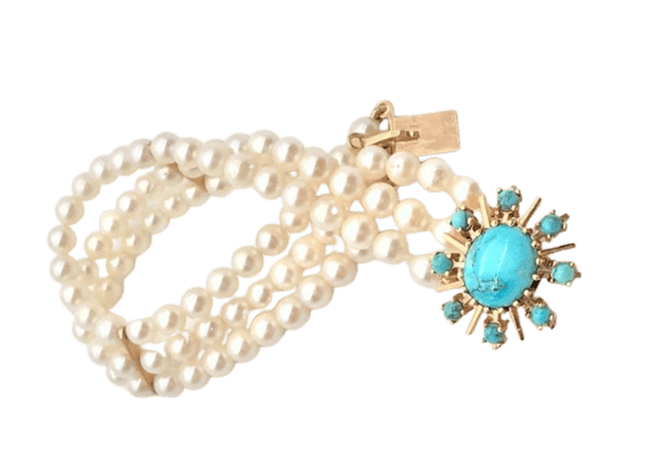 Bracelet Bracelet perles Akoya et turquoises en or jaune 18 carats 58 Facettes