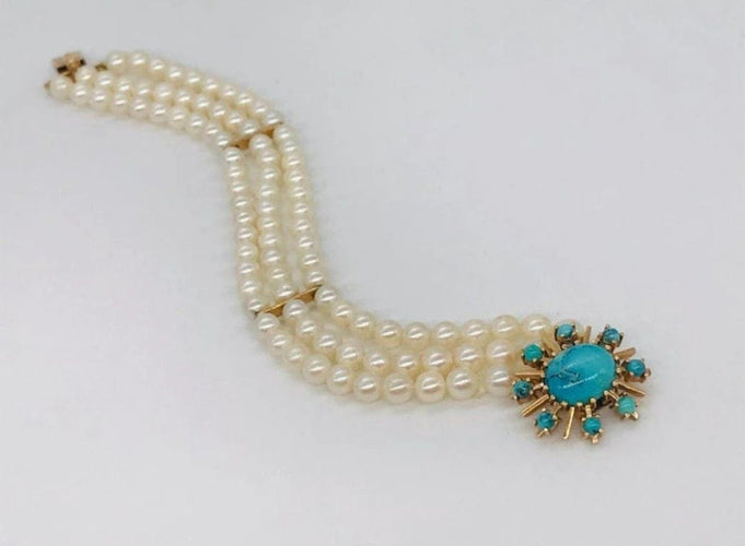 Bracelet Bracelet perles Akoya et turquoises en or jaune 18 carats 58 Facettes