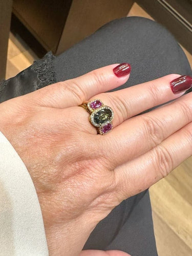 Bague 53.5 Bague cocktail en or rose 18 carats, saphir vert, saphirs roses et diamants 58 Facettes
