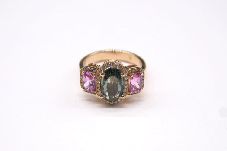 Bague 53.5 Bague cocktail en or rose 18 carats, saphir vert, saphirs roses et diamants 58 Facettes