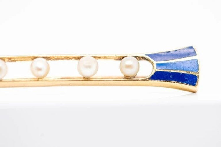 Broche Broche Art déco en or jaune 18 carats, émail bleu et demi-perles 58 Facettes
