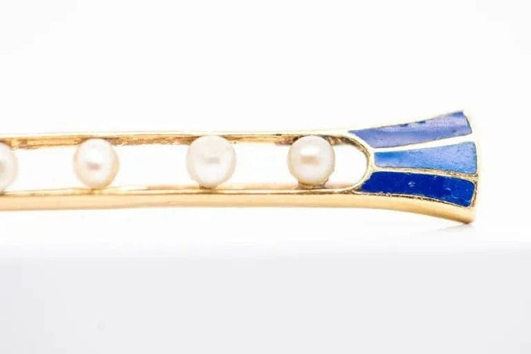 Broche Broche Art déco en or jaune 18 carats, émail bleu et demi-perles 58 Facettes