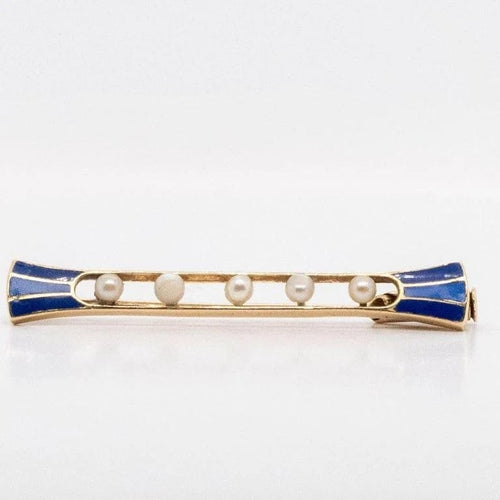 Broche Broche Art déco en or jaune 18 carats, émail bleu et demi-perles 58 Facettes