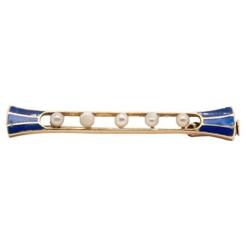 Broche Broche Art déco en or jaune 18 carats, émail bleu et demi-perles 58 Facettes