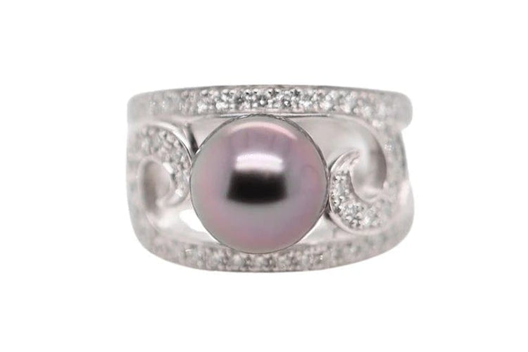 Bague 54 Bague cocktail en or blanc 18 carats avec perle de Tahiti et diamants 58 Facettes