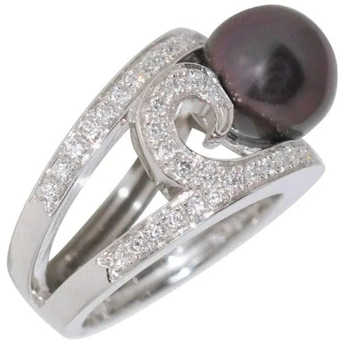 Bague 54 Bague cocktail en or blanc 18 carats avec perle de Tahiti et diamants 58 Facettes