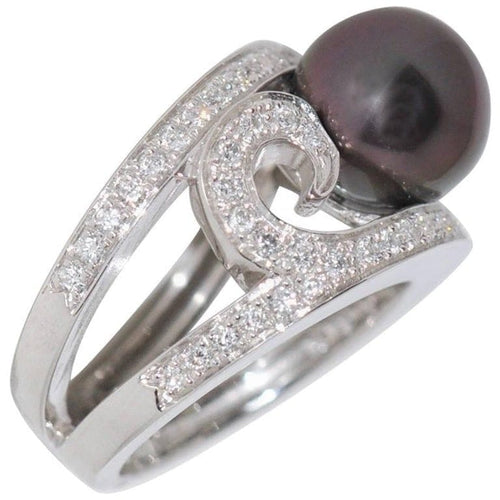 Bague 54 Bague cocktail en or blanc 18 carats avec perle de Tahiti et diamants 58 Facettes