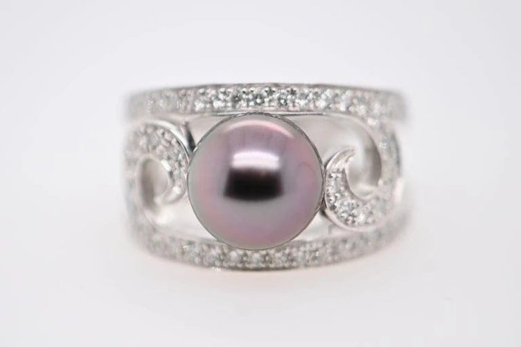 Bague 54 Bague cocktail en or blanc 18 carats avec perle de Tahiti et diamants 58 Facettes