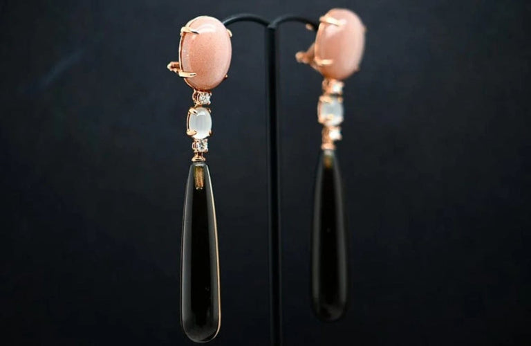 Boucles d'oreilles Boucles d’oreilles en or rose 18 carats avec diamants, quartz fumé et agate noire 58 Facettes