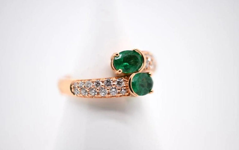 Bague 54 Bague Duo émeraudes et diamants en or rose 18 carats 58 Facettes