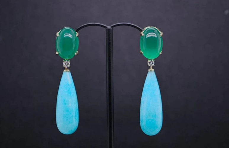 Boucles d'oreilles Boucles d’oreilles agate verte et amazonite en or 18 carats avec diamants 58 Facettes