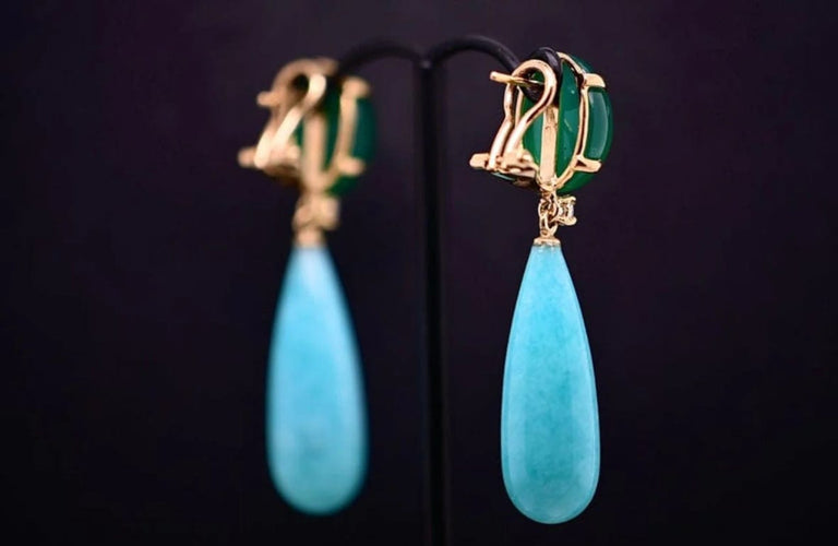 Boucles d'oreilles Boucles d’oreilles agate verte et amazonite en or 18 carats avec diamants 58 Facettes