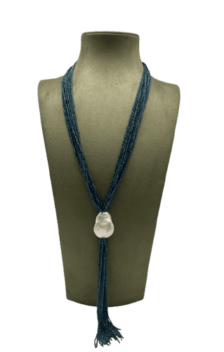 Collier Collier sautoir à franges en topazes London blue, perle baroque et bakélite 58 Facettes