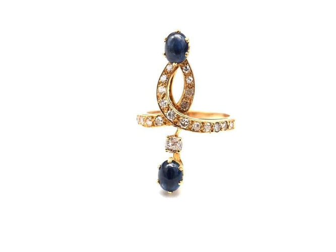 Bague 56.5 Bague en or jaune 750 avec diamants et saphirs cabochons 58 Facettes