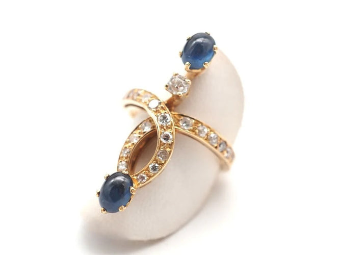Bague 56.5 Bague en or jaune 750 avec diamants et saphirs cabochons 58 Facettes