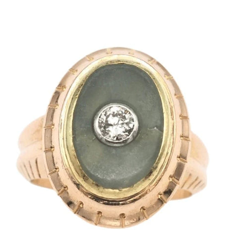 Bague 54.5 Bague ancienne en or jaune 18K avec diamant et jade 58 Facettes