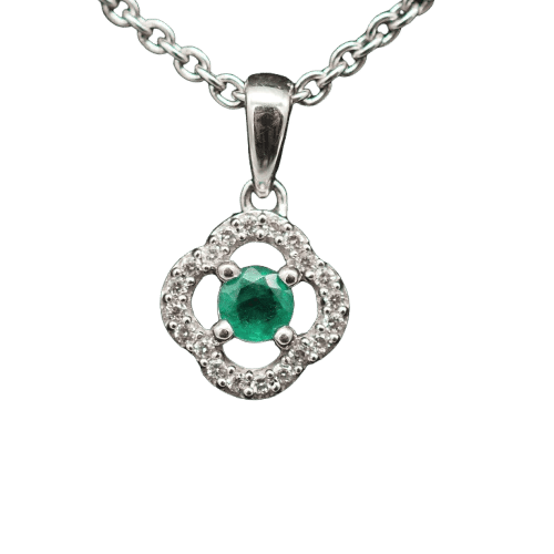 Pendentif Pendentif trèfle en or blanc 18 carats avec émeraude et diamants 58 Facettes