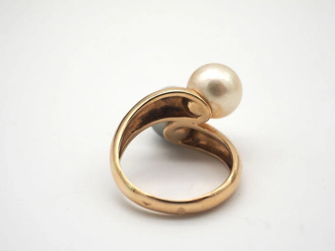 Bague 52 Bague en or jaune 750 avec perle de Tahiti et perle blanche 58 Facettes