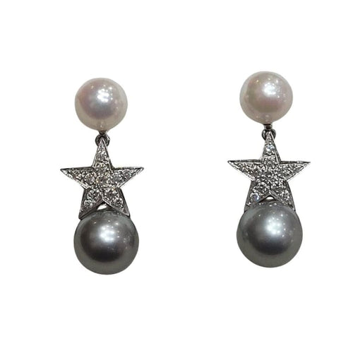 Boucles d'oreilles Boucles d'oreilles en perles avec étoile en diamants en or blanc et jaune 18 carats 58 Facettes PE238TA159