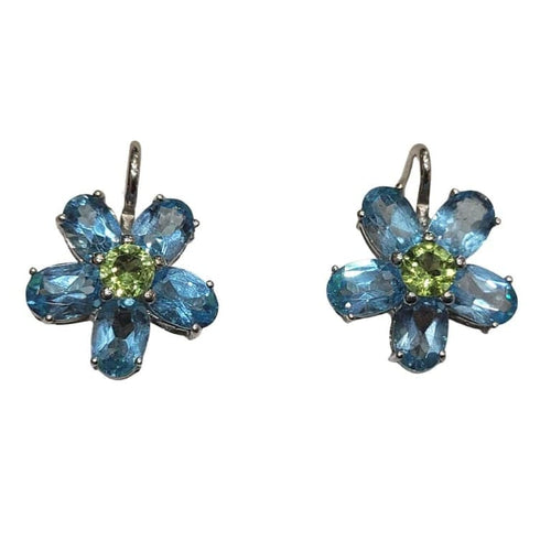 Boucles d'oreilles Boucles d'oreilles en or blanc 18 carats avec topaze bleue et péridot 58 Facettes PE802