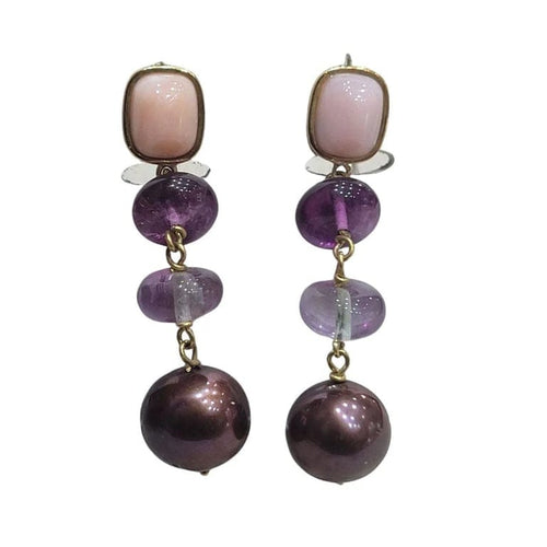 Boucles d'oreilles Boucles d'oreilles en or jaune 18 carats avec perles, opales et fluorites 58 Facettes PE671