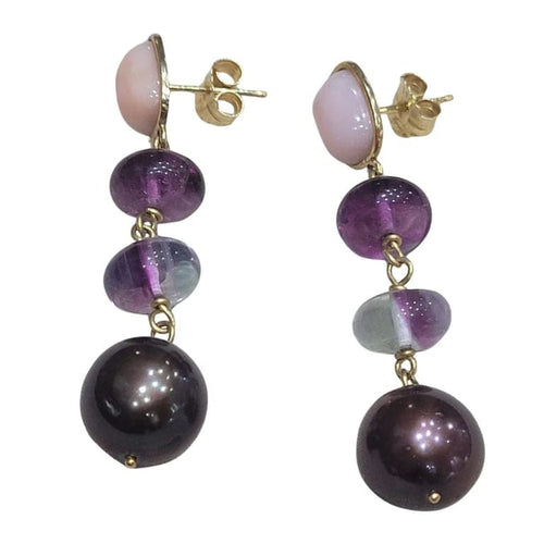 Boucles d'oreilles Boucles d'oreilles en or jaune 18 carats avec perles, opales et fluorites 58 Facettes PE671