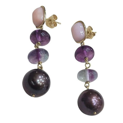Boucles d'oreilles Boucles d'oreilles en or jaune 18 carats avec perles, opales et fluorites 58 Facettes PE671