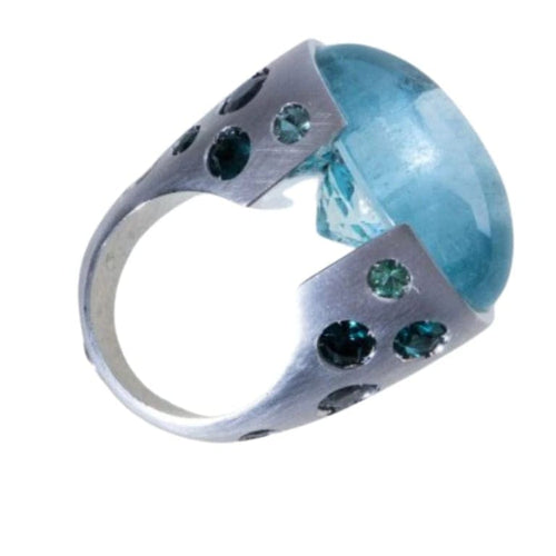 Bague 55 Bague en or blanc 18 carats avec aigues-marines et tourmalines bleues 58 Facettes BOR8