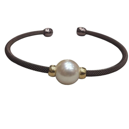 Bracelet Bracelet en acier brun avec perle dorée australienne et or jaune 18 carats 58 Facettes PUV208