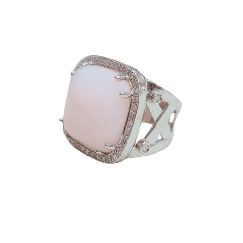 Bague 54 Bague en or blanc 18 carats avec opale rose et diamants 58 Facettes S402