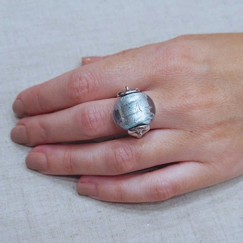 Bague 54 Bague en or blanc 18 carats et verre de Murano bleu 58 Facettes S183PE237