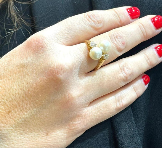 Bague 59 Bague toi et moi en or jaune 18 carats, perles et diamants 58 Facettes