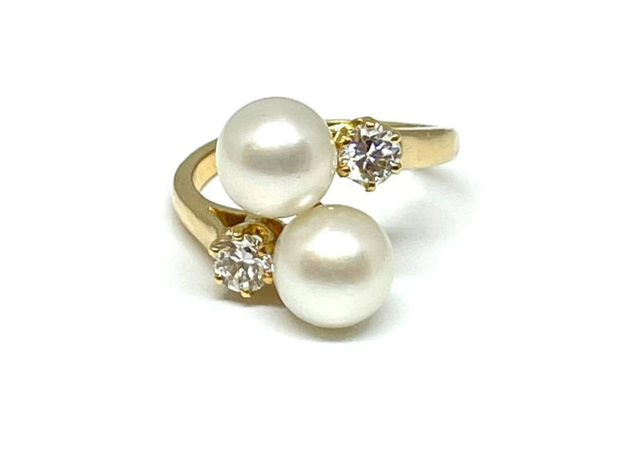 Bague 59 Bague toi et moi en or jaune 18 carats, perles et diamants 58 Facettes