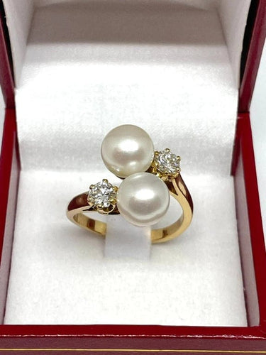 Bague 59 Bague toi et moi en or jaune 18 carats, perles et diamants 58 Facettes