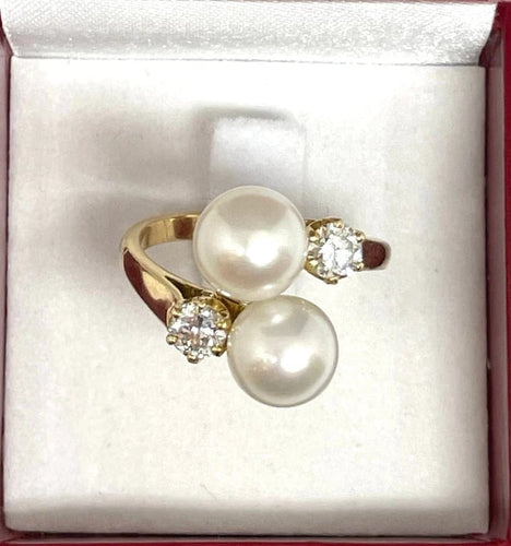 Bague 59 Bague toi et moi en or jaune 18 carats, perles et diamants 58 Facettes