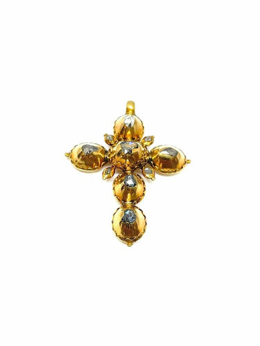 Pendentif Croix antique - Pendentif en or jaune et diamants taille rose de table 58 Facettes