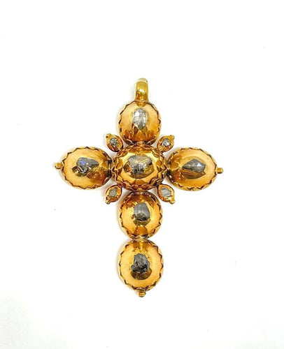 Pendentif Croix antique - Pendentif en or jaune et diamants taille rose de table 58 Facettes