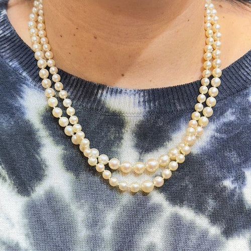 Collier Collier ancien double rang de perles avec fermoir en or blanc et diamants 58 Facettes