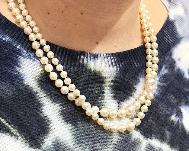 Collier Collier ancien double rang de perles avec fermoir en or blanc et diamants 58 Facettes