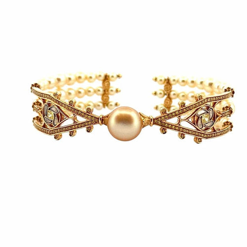 Bracelet Alessio Boschi Milano - Bracelet jonc en or jaune 18 carats, perles et diamants jaunes 58 Facettes